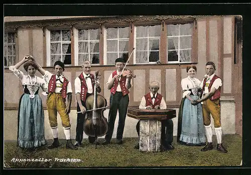 AK Gesellschaft in Appenzeller-Trachten, Cello und Violine