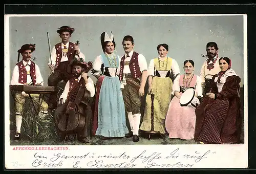 AK Gesellschaft in Appenzeller-Trachten, Dorfmusik mit Cello