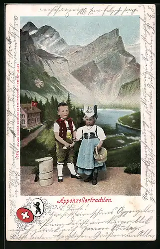 AK Schweizer Kinder in Appenzellertracht vor Bergpanorama-Kulisse