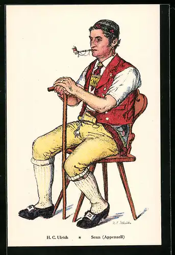 Künstler-AK Appenzeller Senn in Tracht auf Stuhl sitzend