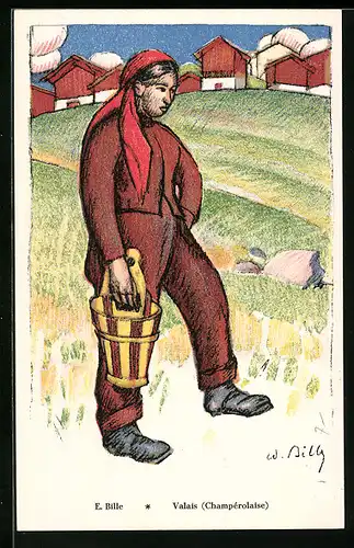Künstler-AK Valais, junger Mann aus Champerolaise mit rotem Kopftuch