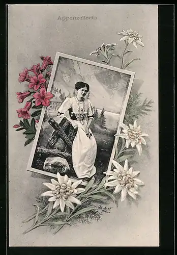 AK Appenzellerin in Tracht, Edelweiss