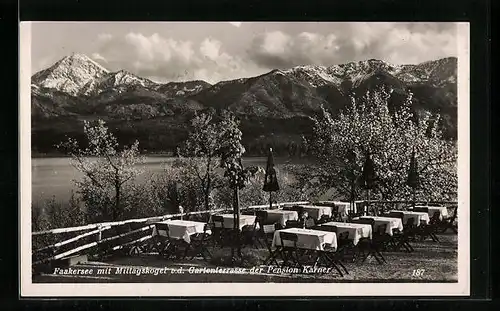 AK Faakersee, Blick auf Mittagskogel v. d. Gartenterrasse der Pension Karner