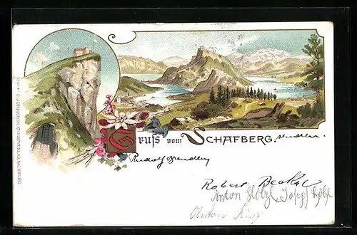 Lithographie Schafberg, Gasthaus auf dem Schafberg, Berg mit Umgebung aus der Vogelschau