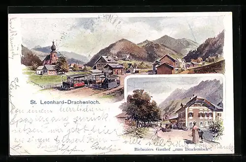 Künstler-AK St. Leonhard-Drachenloch, Ortsansicht mit Strassenbahn, Bielmaiers Gasthof zum Drachenloch