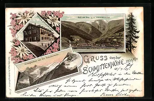 Lithographie Zell am See, Gesamtansicht mit Umgebung, Hotel an der Schmittenhöhe