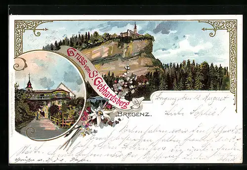 Lithographie Bregenz /Bodensee, Gasthaus auf dem St. Gebhardsberg