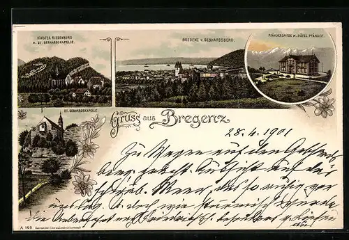 Lithographie Bregenz, Ortsansicht vom Gebhardsberg, Kloster Riedenburg mit St. Gebhardskapelle, Pfänder-Hotel