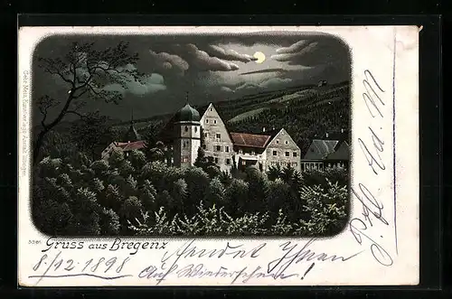 Mondschein-Lithographie Bregenz, Teilansicht mit Kirche