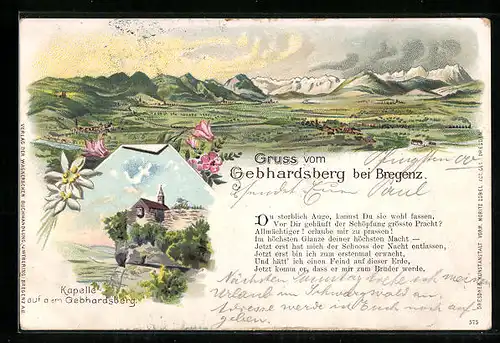 Lithographie Bregenz, Gebhardsberg mit Umgebung, Kapelle auf dem Gebhardsberg