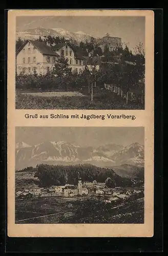 AK Schlins, Gesamtansicht, Teilansicht mit Jagdberg