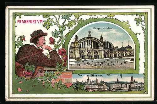 Passepartout-Lithographie Frankfurt a. M., Totalansicht, Hauptbahnhof