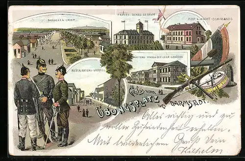 Lithographie Darmstadt, Preuss. Stabs-Gebäude, Post & Wach-Commando, Restauration Viertel, Soldaten, Stabs Offizier Geb.