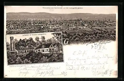 Lithographie Darmstadt, Panorama, Pension und Gasthof Ludwigshöhe