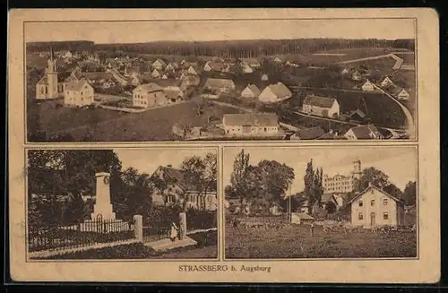 AK Strassberg b. Augsburg, Totalansicht aus der Vogelschau, Kriegerdenkmal