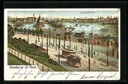 Lithographie Hamburg-St. Pauli, Landungsbrücken, Strassenbahn