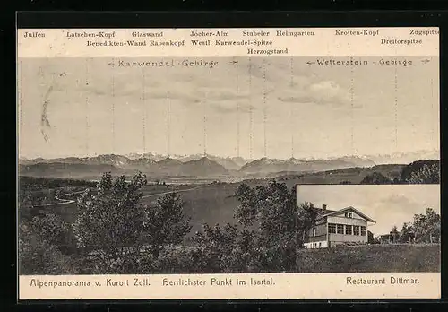 AK Zell Isartal, Alpenpanorama vor dem Kurort, Restaurant Dittmer