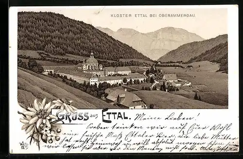 Lithographie Ettal, Blick auf das Kloster bei Oberammergau