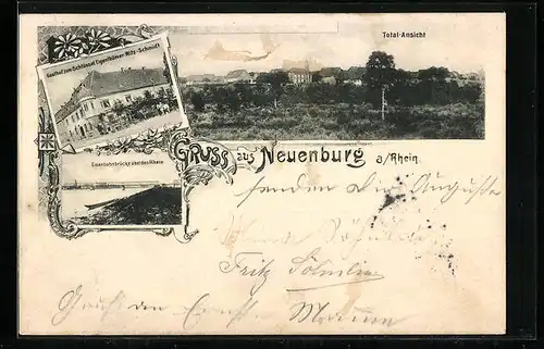 AK Neuenburg a. Rhein, Totalansicht des Ortes, Gasthof zum Schlüssel, Eisenbahnbrücke über den Rhein