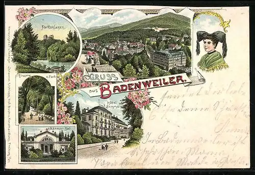 Lithographie Badenweiler, Hotel Sommer, Marmor-Bad, Parkanlagen