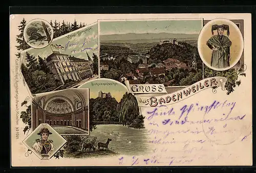 Lithographie Badenweiler, Schwanenweiher, Hotel Sommer, Marmorbad