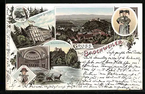 Lithographie Badenweiler, Marmorbad, Hotel Sommer, Schwanenweiher