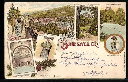 Lithographie Badenweiler, Park mit Ruine, Schwanenweiher, Marmorbad