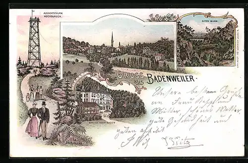Lithographie Badenweiler, Aussichtsturm Hochblauen, Schloss Haus Baden, Alter Mann