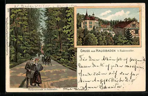 Lithographie Hausbaden b. Badenweiler, Blick auf die Waldpromenade
