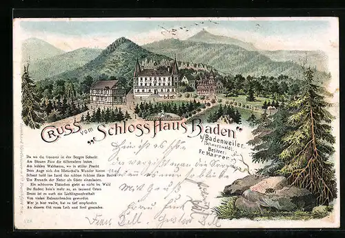 Lithographie Badenweiler, Schloss Haus Baden