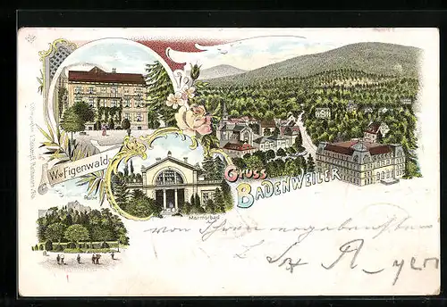 Lithographie Badenweiler, Ortspartie mit Marmorbad und Ruine