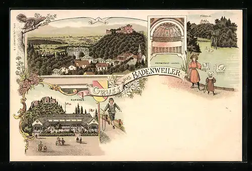 Lithographie Badenweiler, Parksee, Kurhaus und Marmorbad von Innen