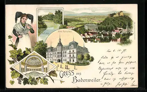 Lithographie Badenweiler, Hotel Römerbad, Parksee, Marmorbad von Innen