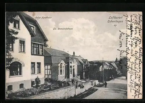 AK Eckenhagen, Strassenpartie am Ev. Gemeindehaus, Adler Apotheke