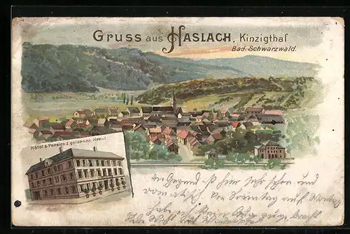 Lithographie Haslach, Ortspartie und Hotel & Pension z. goldenen Kreuz