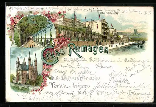 Lithographie Remagen, Partie am Hotel Fürstenberg