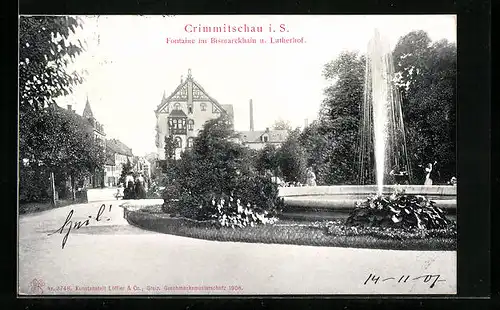 AK Crimmitschau i. S., Fontaine im Bismarckhain u. Lutherhof