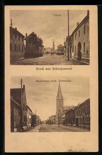 AK Scherpenseel, Strassenpartien mit Kirche und Restaurant Gerh. Hermanns