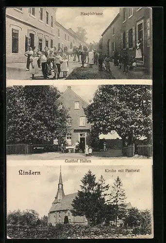 AK Lindern, Hauptstrasse, Gasthof Hallen, Kirche mit Pastorat