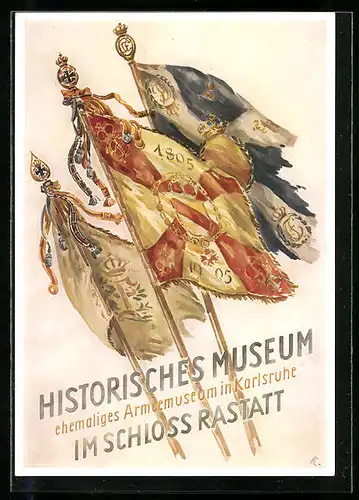 Künstler-AK Karlsruhe, Historisches Museum im Schloss Rastatt, Regiments-Fahnen