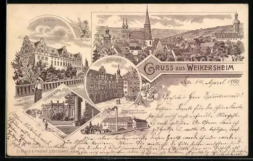 Lithographie Weikersheim, Schloss, Orangerie, Schlosshof