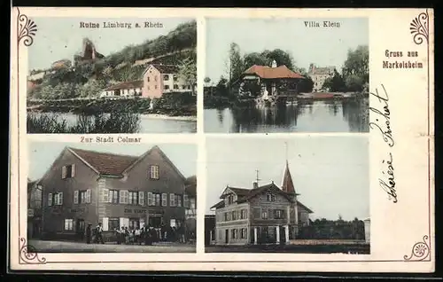 AK Markolsheim, Villa Klein, Ruine Limburg a. Rhein, Gasthaus Zur Stadt Colmar