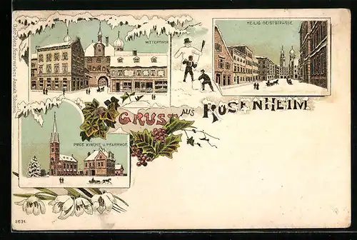 Winter-Lithographie Rosenheim, Heilig Geiststrasse, Mitterthor, Kirche