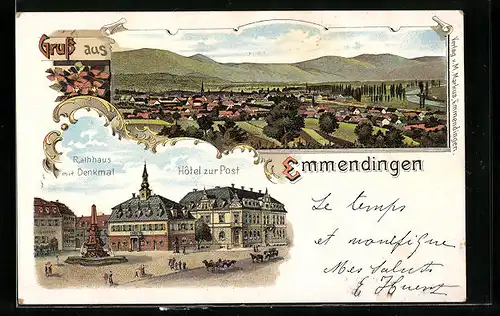 Lithographie Emmendingen, Hotel zur Post, Rathhaus mit Denkmal