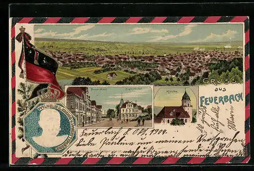Präge-Lithographie Feuerbach, Post-Amt, Bahnhotel, Wilhelm II. Koenig v. Wuerttemberg