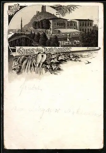 Vorläufer-Lithographie Drachenfels, 1893, Blick auf das Restaurant Drachenfels Plateau