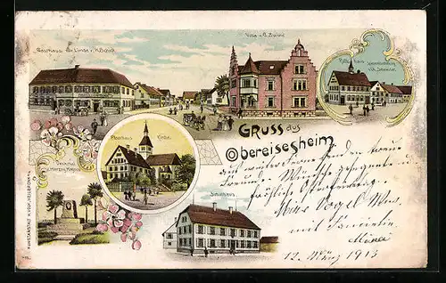 Lithographie Obereisesheim, Schulhaus, Villa G. Zwirn, Gasthaus zur Linde, Rathausm Denkmal Herzog Magnus