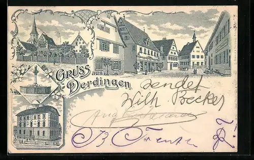 Lithographie Derdingen, Gasthaus Waldhorn, Brunnen, Kirche, Geschäftshaus