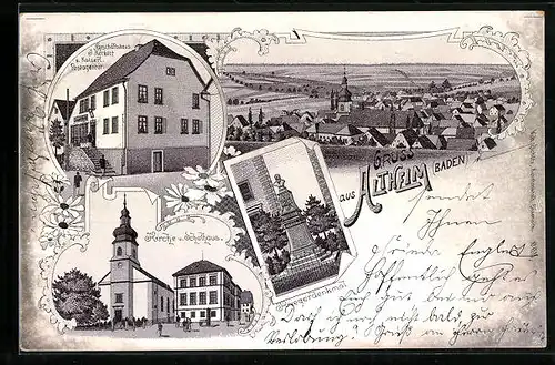 Lithographie Altheim / Baden, Geschäftshaus J. Herkert, Kriegerdenkmal, Schulhaus mit Kirche