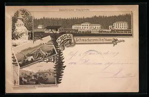 Lithographie Schwackenreuthe / Baden, Bahnhof mit Bahnhofswirtschaft, Hohentwiel